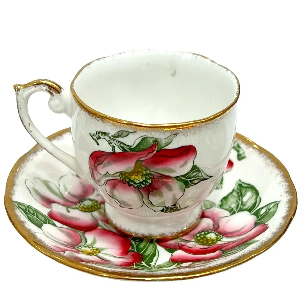 QUEEN ANNE MAGNOLIA BONE CHINA SET OF 5 CUPS & SAUCERS & 1 CREAMER WITH SAUCER